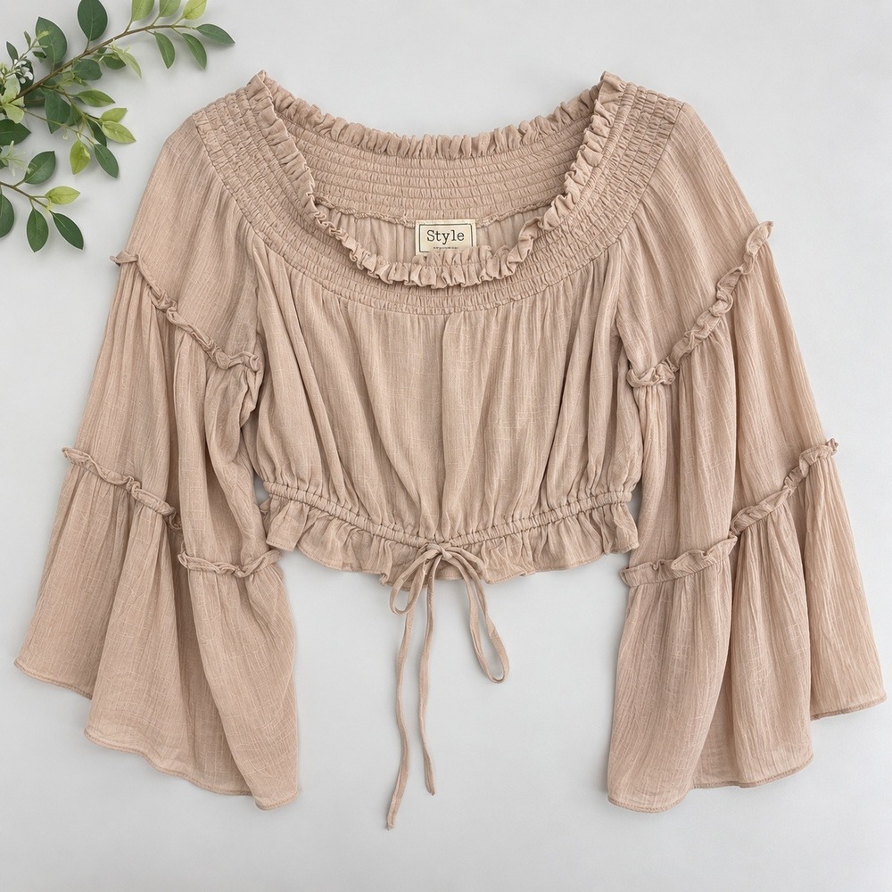 Style Rack Crop Top Beige Smocked Off Shoulder Bell Sleeve Boho Fairycore Sz S
